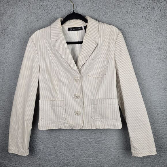 INC International Concepts Jacket Blazer Women L Tan White Stripe Casual Stretch - Picture 2 of 16